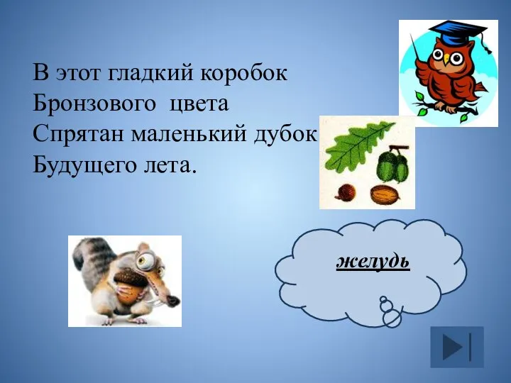 В этот гладкий коробок Бронзового цвета Спрятан маленький дубок Будущего лета. желудь