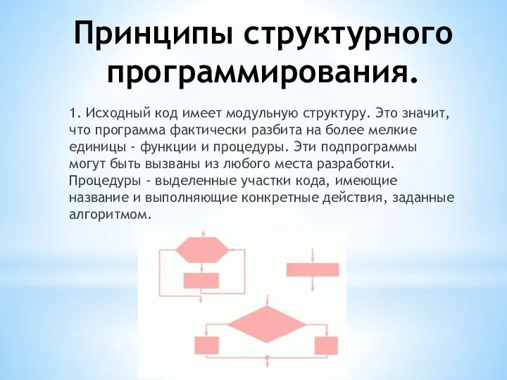 Принципы структурного программирования. 1. Исходный код имеет модульную структуру. Это значит, что