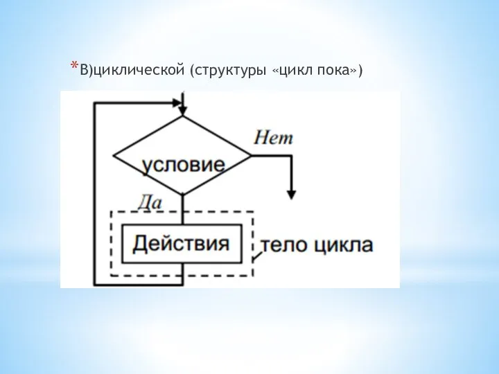 В)циклической (структуры «цикл пока»)