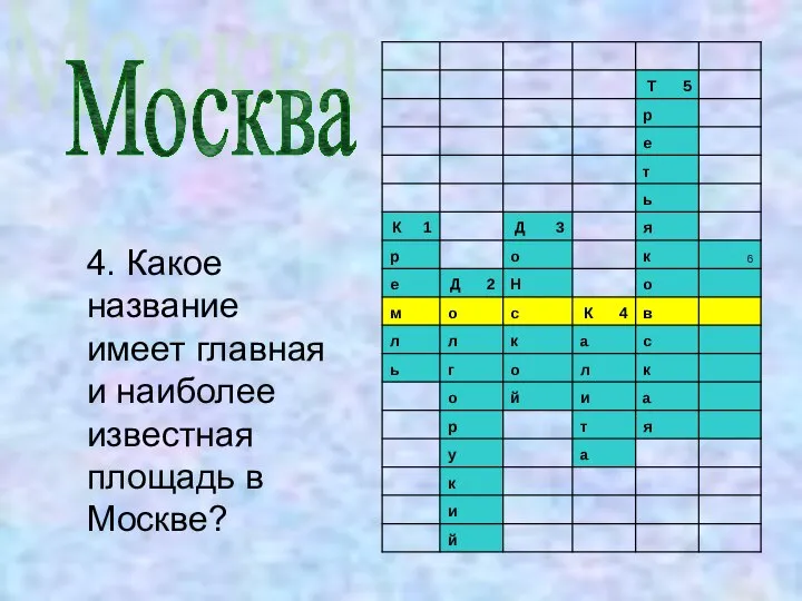 4. Какое название имеет главная и наиболее известная площадь в Москве? Москва