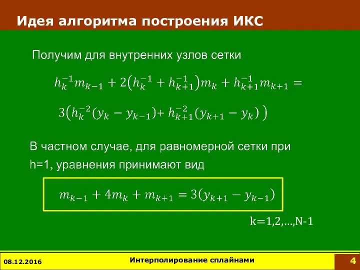 Идея алгоритма построения ИКС 08.12.2016 Интерполирование сплайнами k=1,2,…,N-1