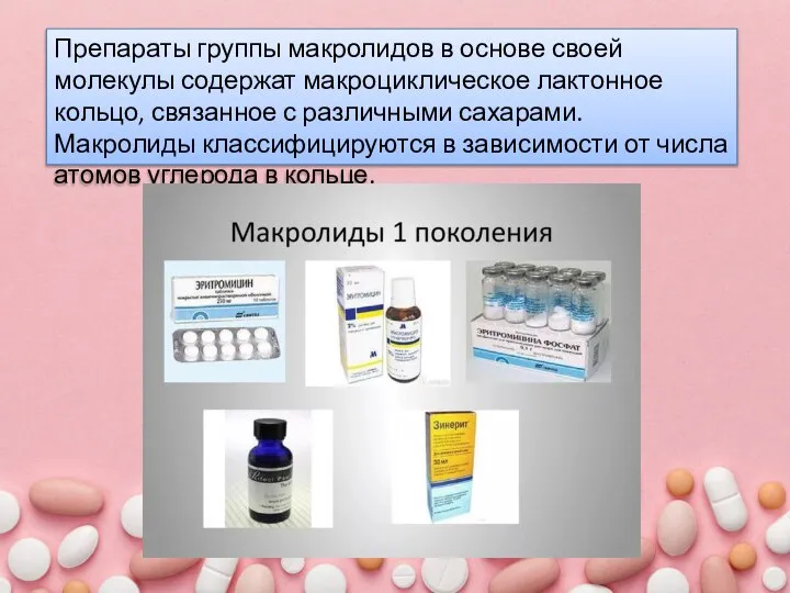 Препараты группы макролидов в основе своей молекулы содержат макроциклическое лактонное кольцо, связанное