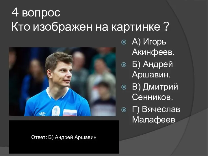 4 вопрос Кто изображен на картинке ? А) Игорь Акинфеев. Б) Андрей