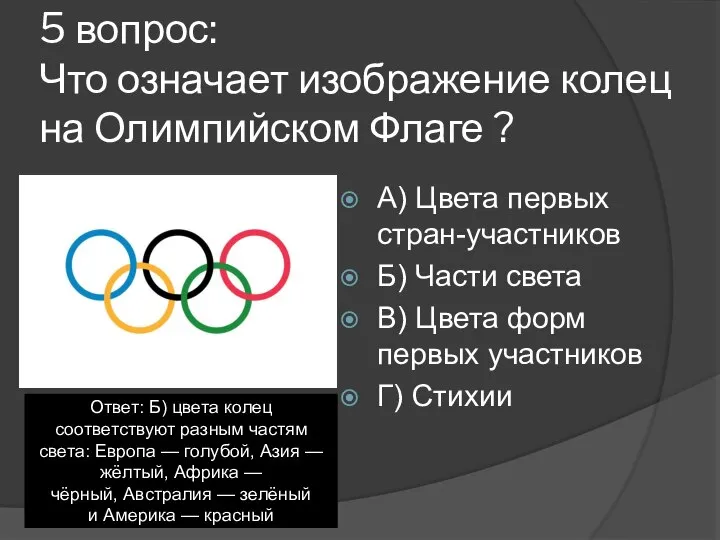 5 вопрос: Что означает изображение колец на Олимпийском Флаге ? А) Цвета
