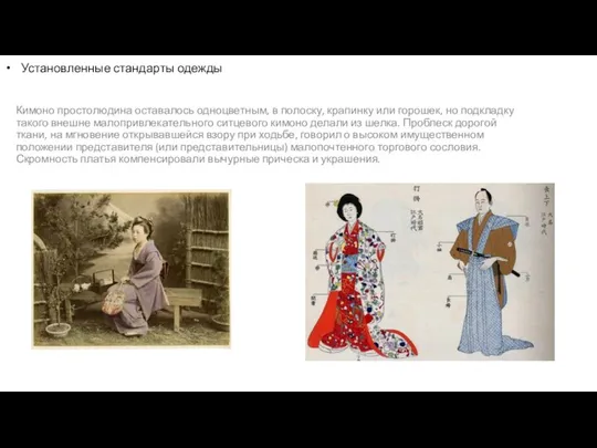 Установленные стандарты одежды Кимоно простолюдина оставалось одноцветным, в полоску, крапинку или горошек,