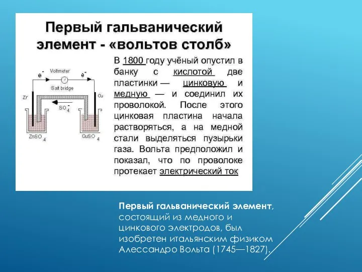 Первый гальванический элемент, состоящий из медного и цинкового электродов, был изобретен итальянским физиком Алессандро Вольта (1745—1827).