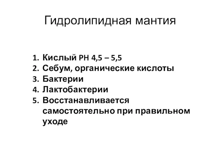 Гидролипидная мантия Кислый PH 4,5 – 5,5 Себум, органические кислоты Бактерии Лактобактерии