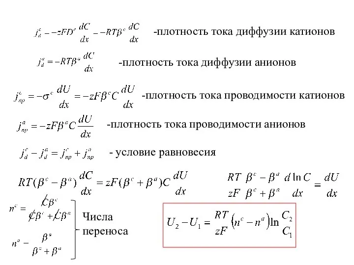 -плотность тока диффузии катионов -плотность тока диффузии анионов -плотность тока проводимости катионов