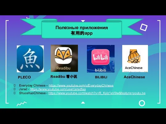 Полезные приложения 有用的app Readibu 看小说 PLECO BILIBILI AceChinese Everyday Chinese – https://www.youtube.com/c/EverydayChinese