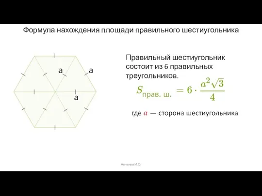Алчинов И.О. Формула нахождения площади правильного шестиугольника Правильный шестиугольник состоит из 6 правильных треугольников.