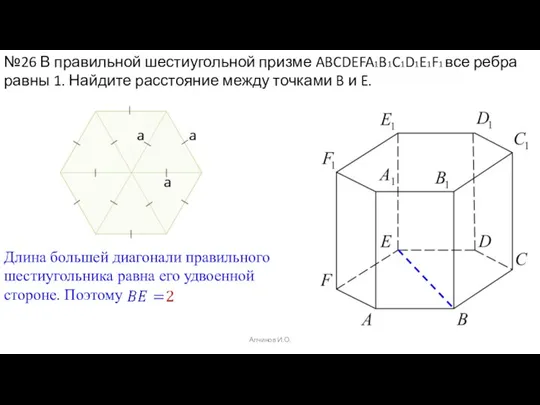 Алчинов И.О. №26 В правильной шестиугольной призме ABCDEFA1B1C1D1E1F1 все ребра равны 1.