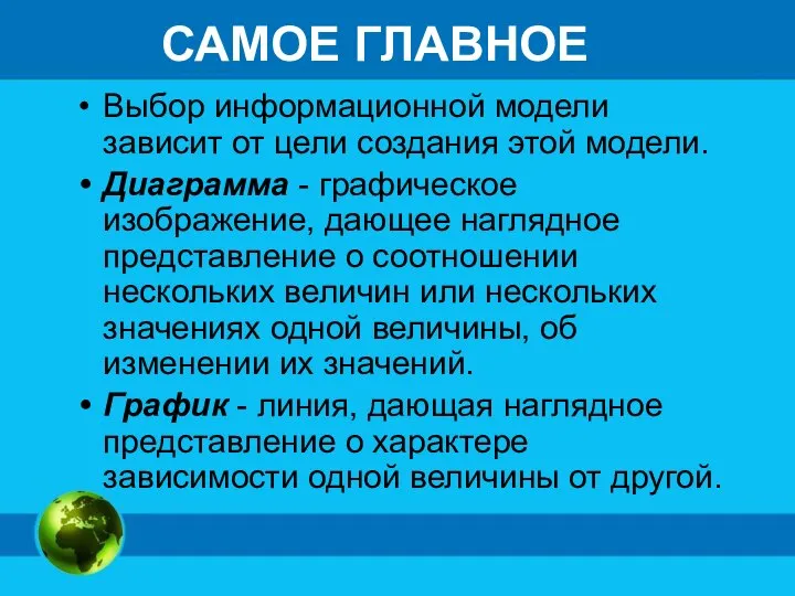 САМОЕ ГЛАВНОЕ Выбор информационной модели зависит от цели создания этой модели. Диаграмма