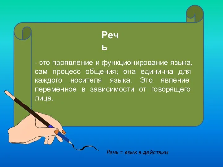 - это проявление и функционирование языка, сам процесс общения; она единична для