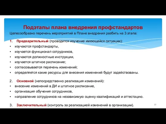 Подэтапы плана внедрения профстандартов Целесообразно перечень мероприятий в Плане внедрения разбить на