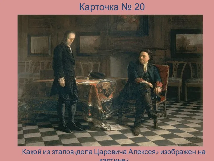 Карточка № 20 Какой из этапов«дела Царевича Алексея» изображен на картине?