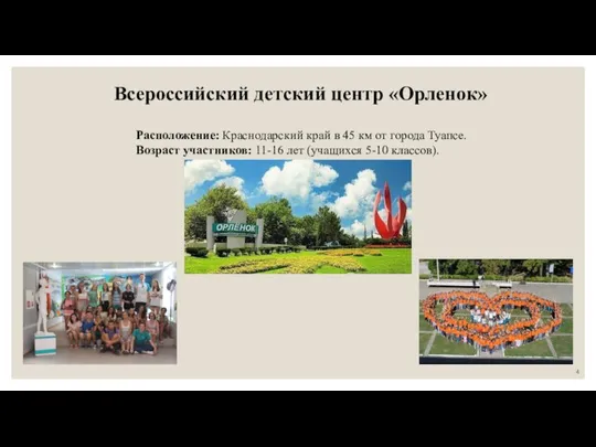 Всероссийский детский центр «Орленок» Расположение: Краснодарский край в 45 км от города