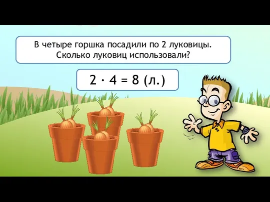 В четыре горшка посадили по 2 луковицы. Сколько луковиц использовали? 2 · 4 = 8 (л.)