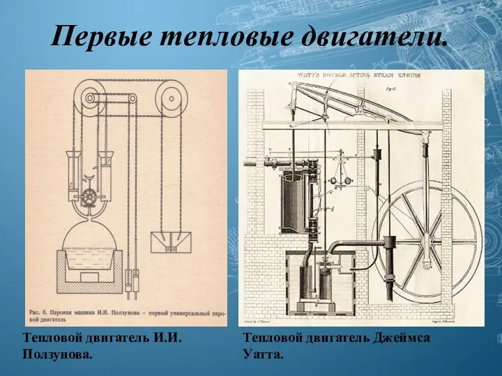 Первые тепловые двигатели. Тепловой двигатель И.И. Ползунова. Тепловой двигатель Джеймса Уатта.