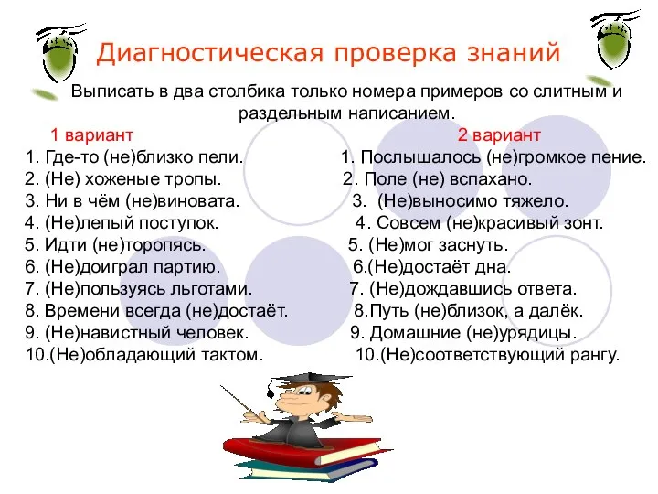 Выписать в два столбика только номера примеров со слитным и раздельным написанием.