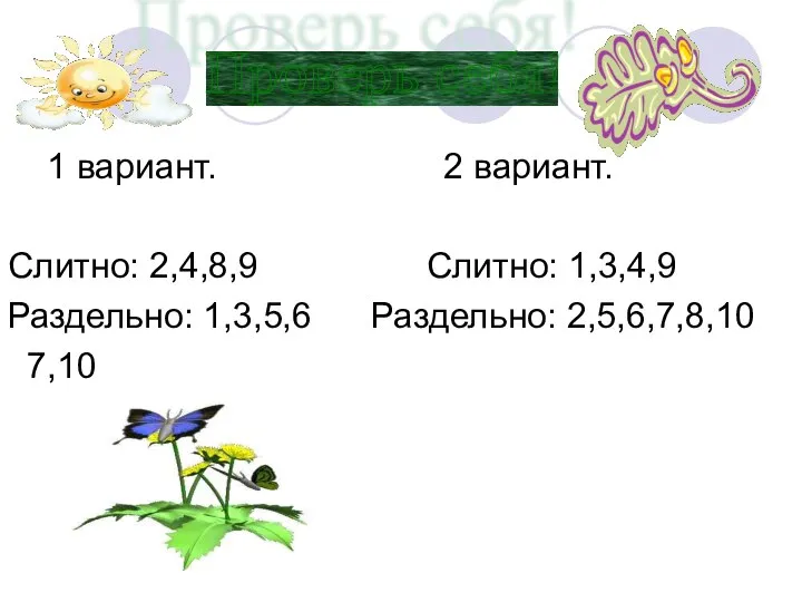 1 вариант. 2 вариант. Слитно: 2,4,8,9 Слитно: 1,3,4,9 Раздельно: 1,3,5,6 Раздельно: 2,5,6,7,8,10 7,10 Проверь себя!