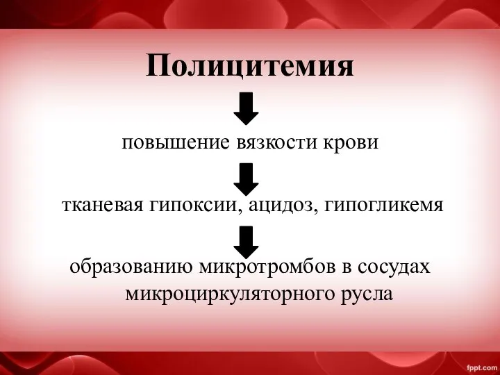 Полицитемия повышение вязкости крови тканевая гипоксии, ацидоз, гипогликемя образованию микротромбов в сосудах микроциркуляторного русла