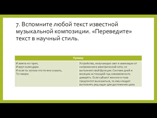 7. Вспомните любой текст известной музыкальной композиции. «Переведите» текст в научный стиль.