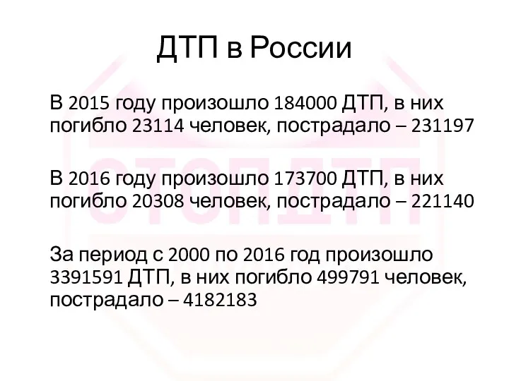 ДТП в России В 2015 году произошло 184000 ДТП, в них погибло