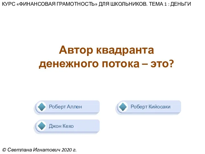 Роберт Кийосаки Роберт Аллен Джон Кехо Автор квадранта денежного потока – это?