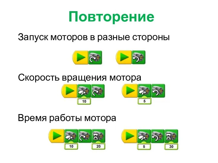 Повторение Запуск моторов в разные стороны Скорость вращения мотора Время работы мотора