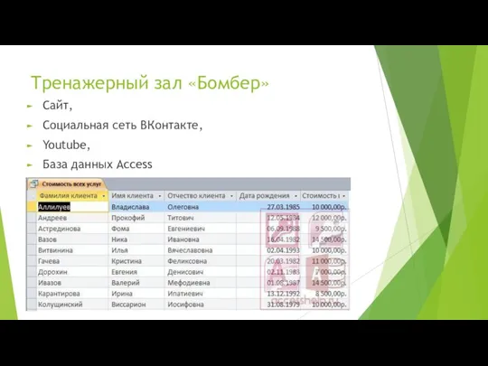 Тренажерный зал «Бомбер» Сайт, Социальная сеть ВКонтакте, Youtube, База данных Access