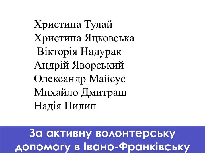 За активну волонтерську допомогу в Івано-Франківську Христина Тулай Христина Яцковська Вікторія Надурак