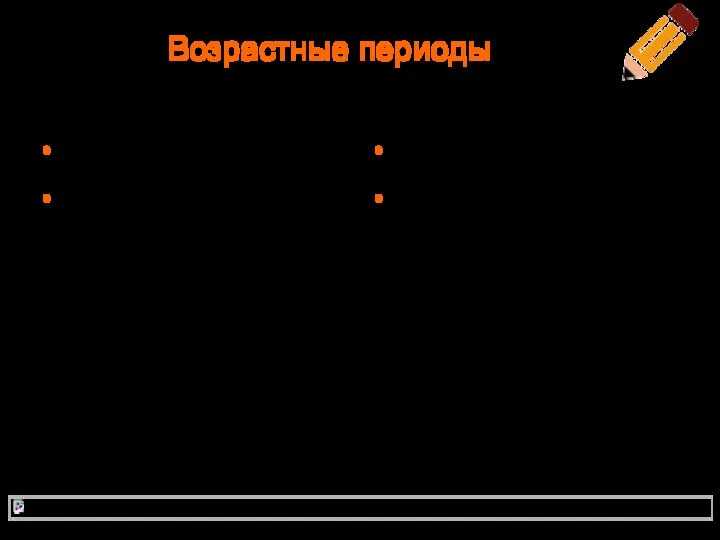 Возрастные периоды Грудничковый От 29 суток жизни до 12 месяцев. Раннего детства