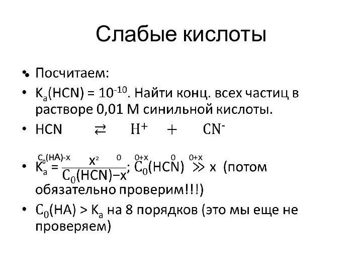 Слабые кислоты C0(HА) 0 0 C0(HА)-х 0+х 0+х