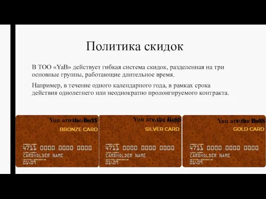 Политика скидок В ТОО «YaB» действует гибкая система скидок, разделенная на три