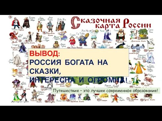 ВЫВОД: РОССИЯ БОГАТА НА СКАЗКИ, ИНТЕРЕСНА И ОГРОМНА! Путешествие – это лучшее современное образование!