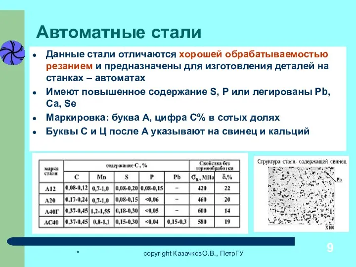 * copyright КазачковО.В., ПетрГУ Автоматные стали Данные стали отличаются хорошей обрабатываемостью резанием