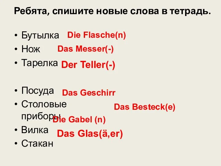 Ребята, спишите новые слова в тетрадь. Бутылка Нож Тарелка Посуда Столовые приборы