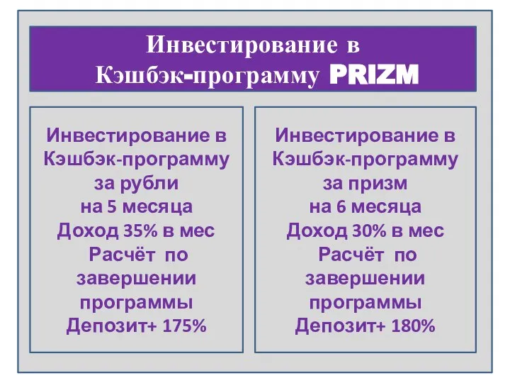 Инвестирование в Кэшбэк-программу PRIZM Инвестирование в Кэшбэк-программу за рубли на 5 месяца