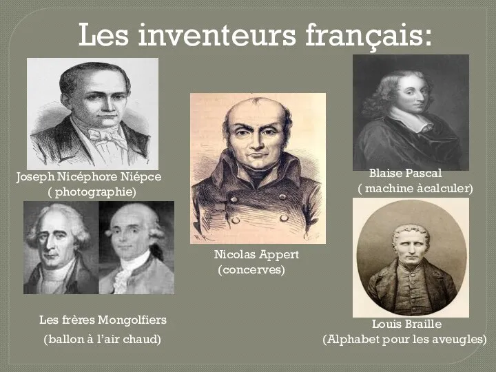 Les inventeurs français: Joseph Nicéphore Niépce ( photographie) Blaise Pascal ( machine