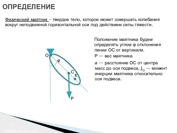 ОПРЕДЕЛЕНИЕ Физический маятник Физический маятник – твердое тело, которое может совершать колебания