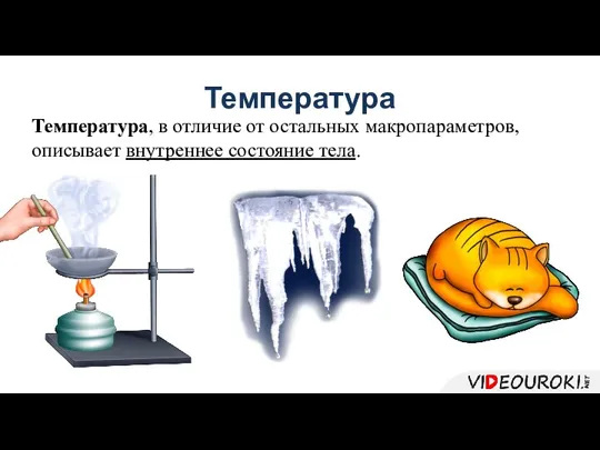 Температура Температура, в отличие от остальных макропараметров, описывает внутреннее состояние тела.