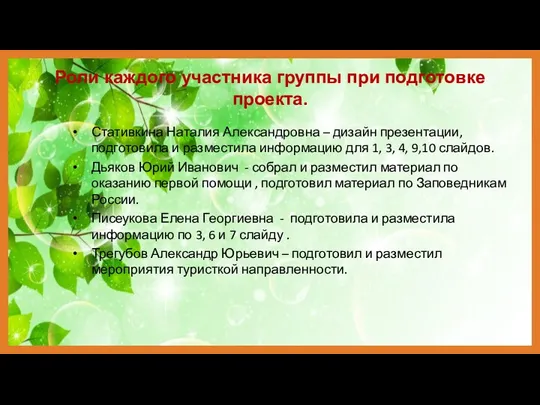 Роли каждого участника группы при подготовке проекта. Стативкина Наталия Александровна – дизайн