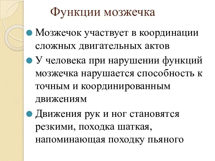 Функции мозжечка Мозжечок участвует в координации сложных двигательных актов У человека при