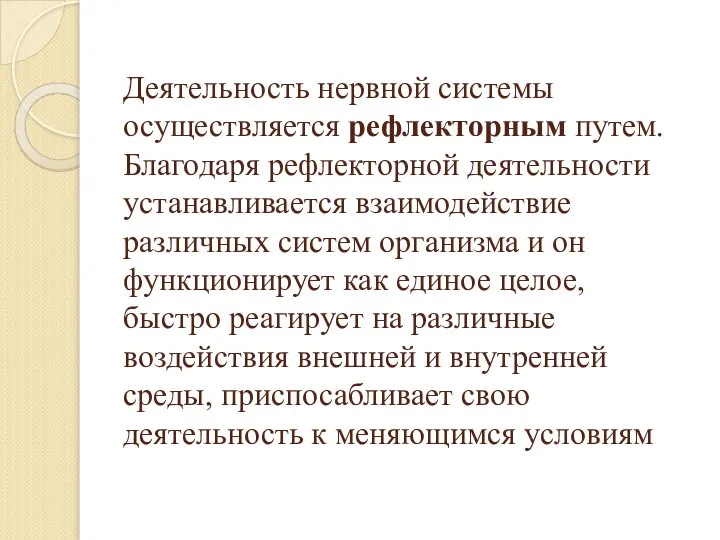 Деятельность нервной системы осуществляется рефлекторным путем. Благодаря рефлекторной деятельности устанавливается взаимодействие различных