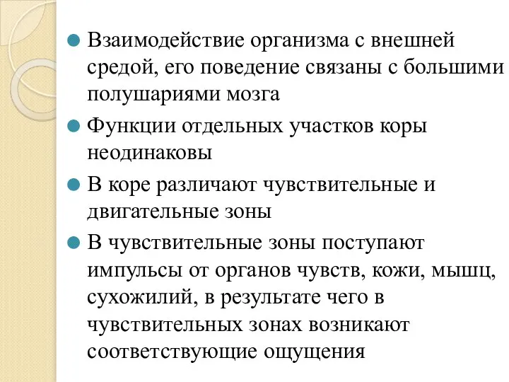 Взаимодействие организма с внешней средой, его поведение связаны с большими полушариями мозга