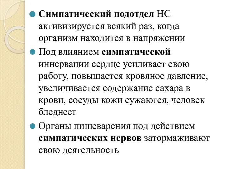 Симпатический подотдел НС активизируется всякий раз, когда организм находится в напряжении Под