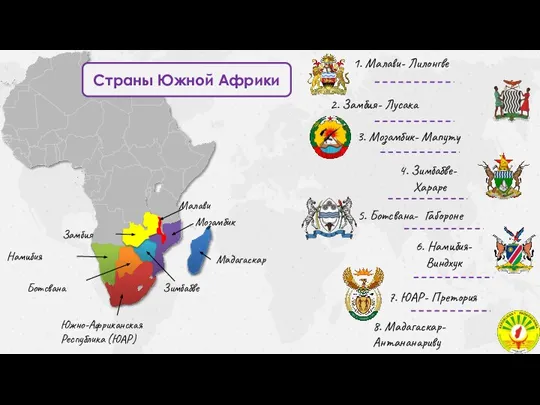 Ботсвана Намибия Южно-Африканская Республика (ЮАР) Зимбабве Мозамбик Мадагаскар 7. ЮАР- Претория 4.