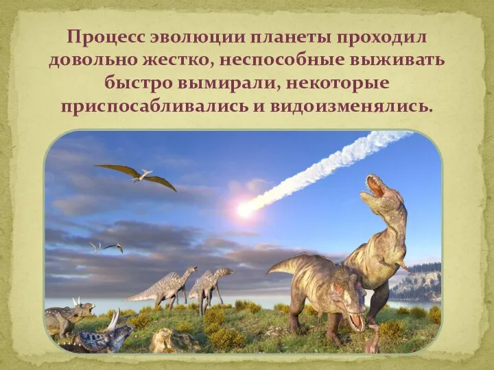 Процесс эволюции планеты проходил довольно жестко, неспособные выживать быстро вымирали, некоторые приспосабливались и видоизменялись.