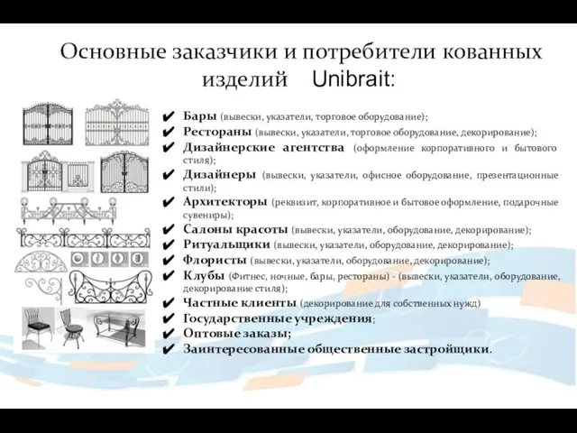Основные заказчики и потребители кованных изделий Unibrait: Бары (вывески, указатели, торговое оборудование);