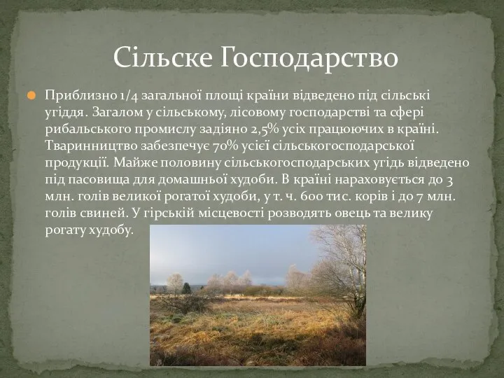 Приблизно 1/4 загальної площі країни відведено під сільські угіддя. Загалом у сільському,